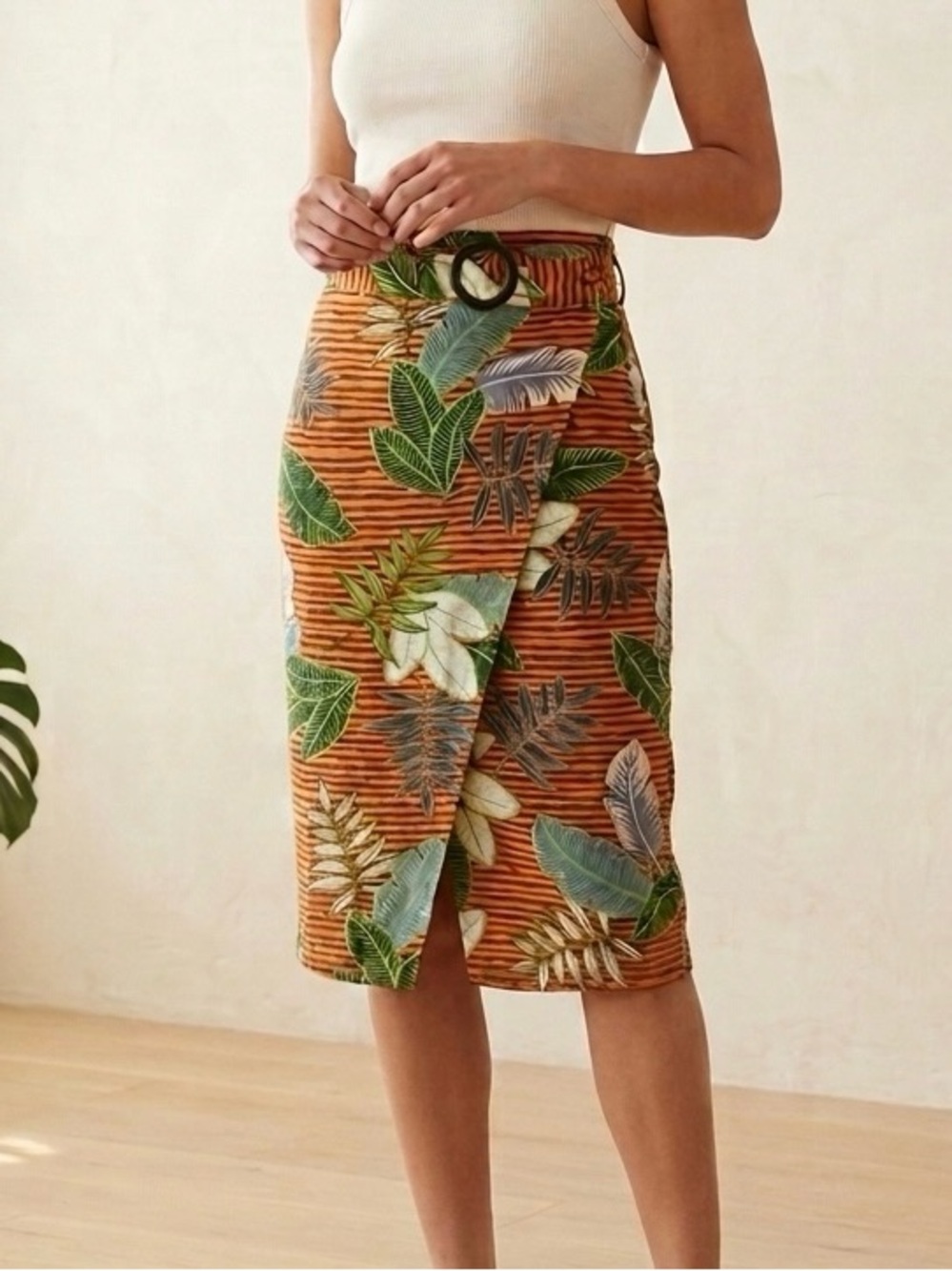 Cotton On - Orange Tropical Leaf Wrap Midi Skirt